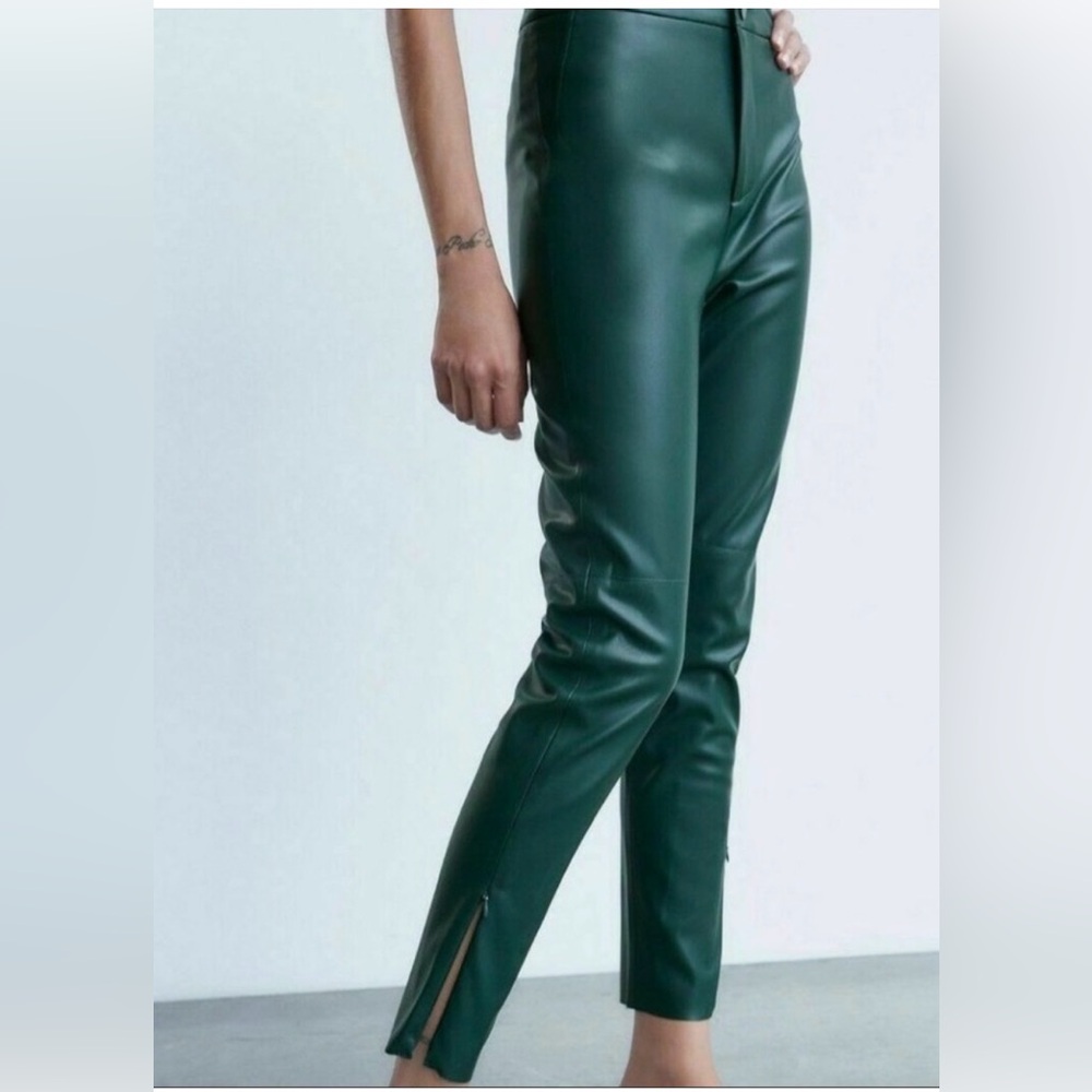 NWT Zara Legging Faux Leather High Rise Pants Forest green , Size XL - Picture 2 of 11